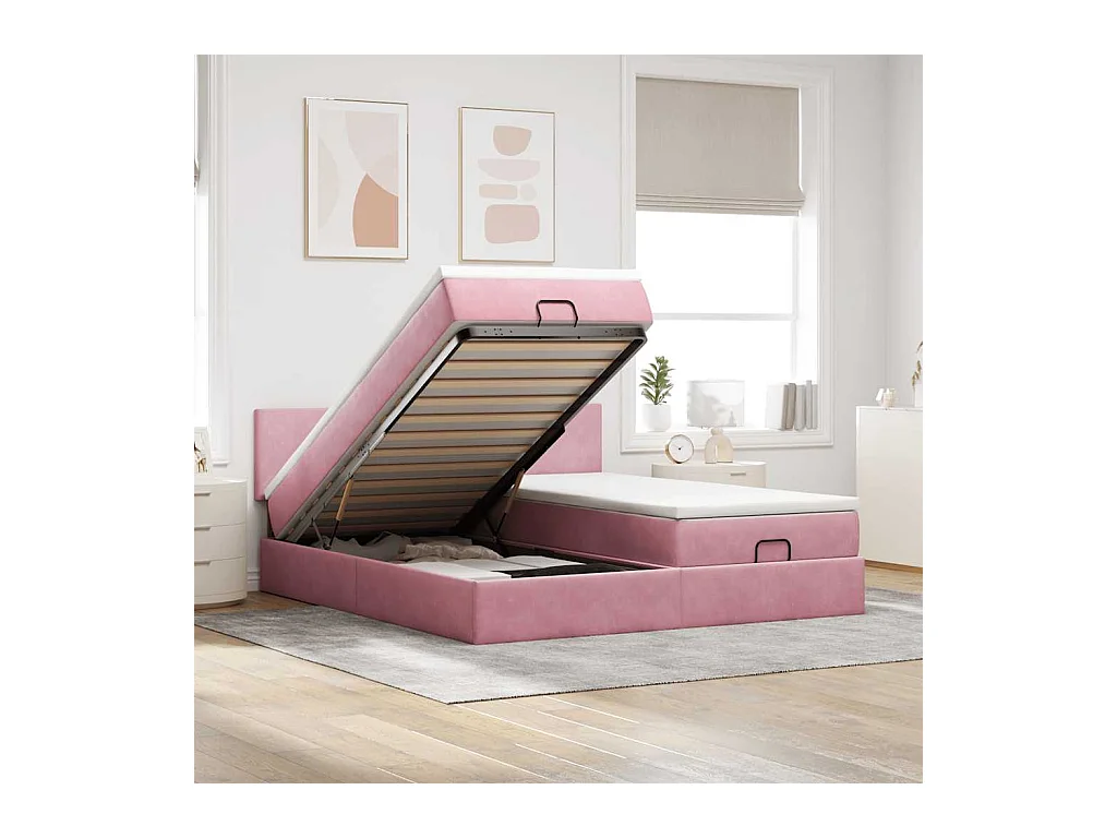 Cadre de lit ottoman avec matelas rose 200x200 cm velours