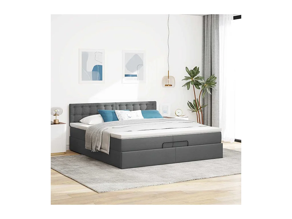 Cadre de lit ottoman avec matelas gris foncé 200x200cm tissu