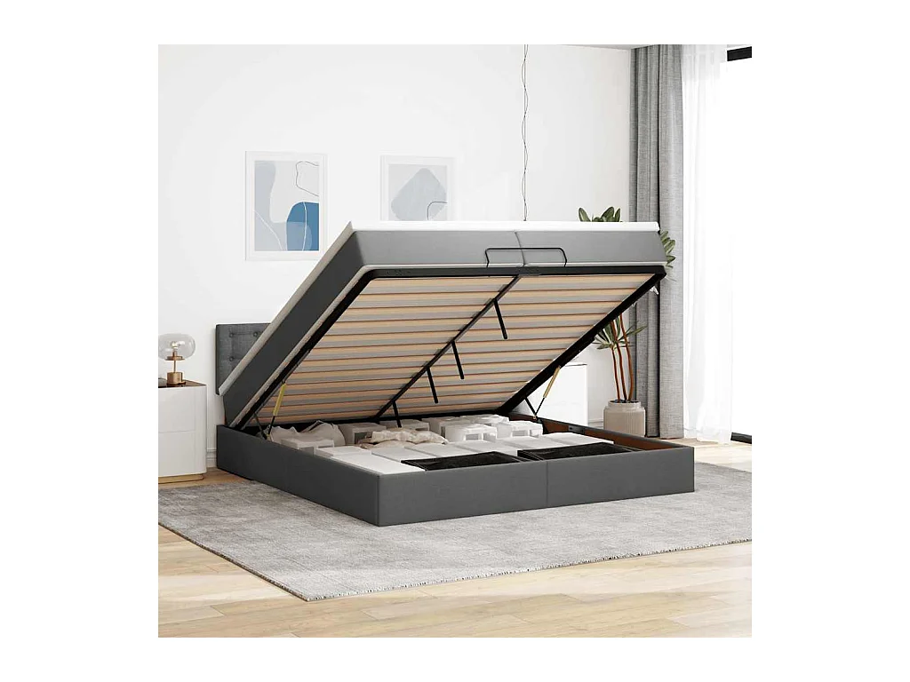 Cadre de lit ottoman avec matelas gris foncé 200x200cm tissu