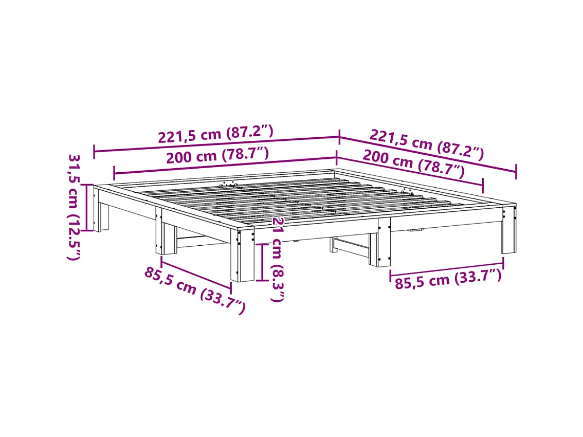 Letto senza Materasso Marrone Cera 200x200 cm in Legno di Pino