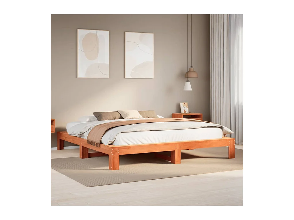 Cadre de lit sans matelas cire marron 200x200cm bois pin massif