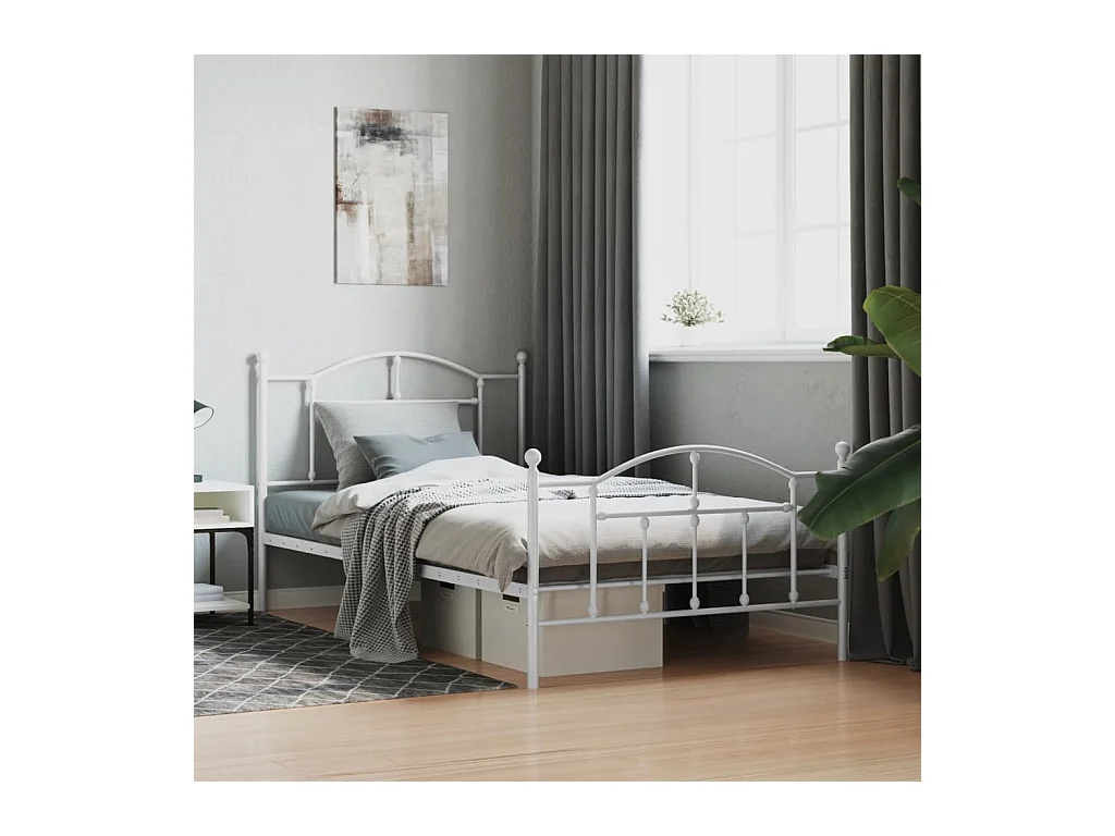 Cadre de lit métal sans matelas et pied de lit blanc 107x203 cm