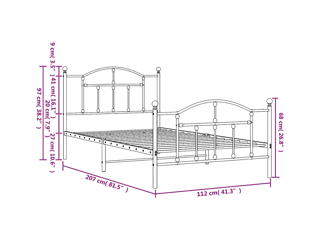 Cadre de lit métal sans matelas et pied de lit blanc 107x203 cm