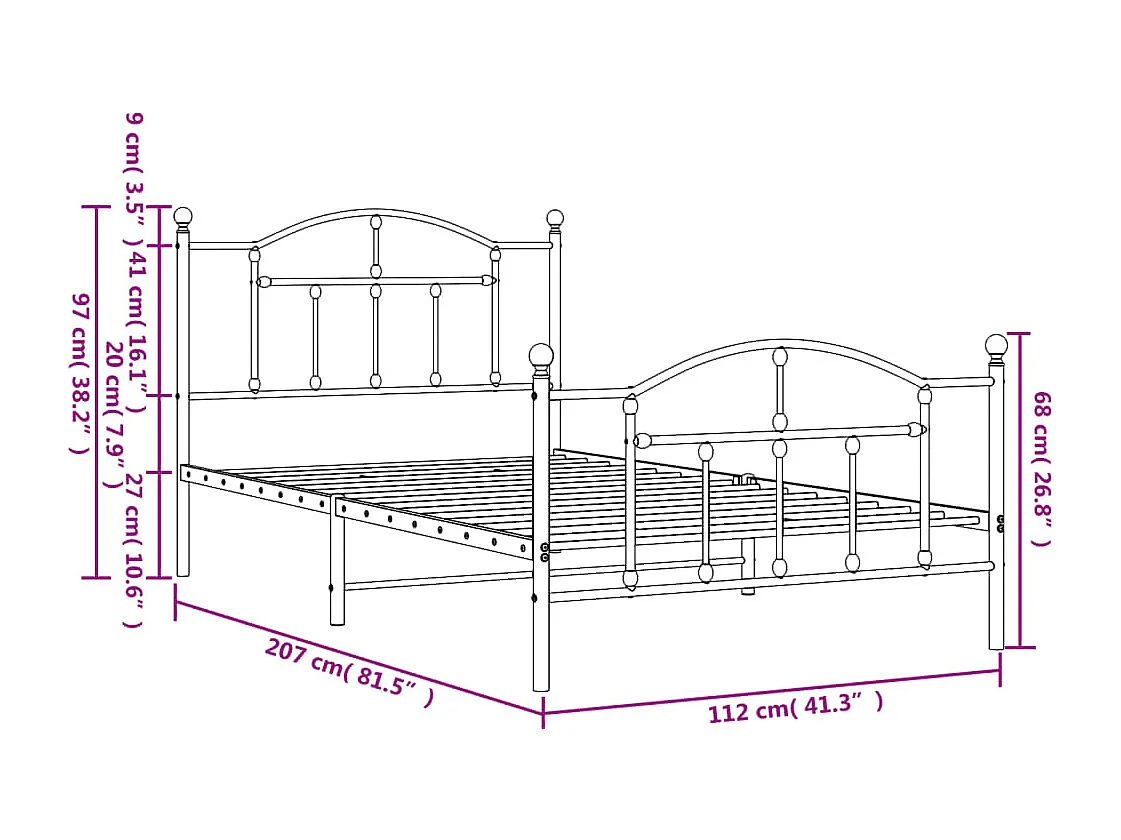 Cadre de lit métal sans matelas et pied de lit blanc 107x203 cm