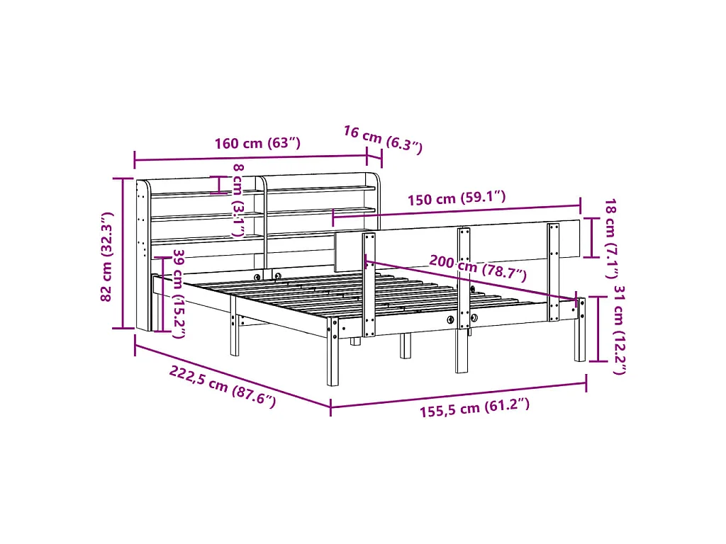 Bedframe zonder matras massief grenenhout wit 150x200 cm