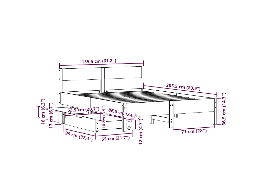 Cadre de lit sans matelas blanc 150x200 cm bois de pin massif