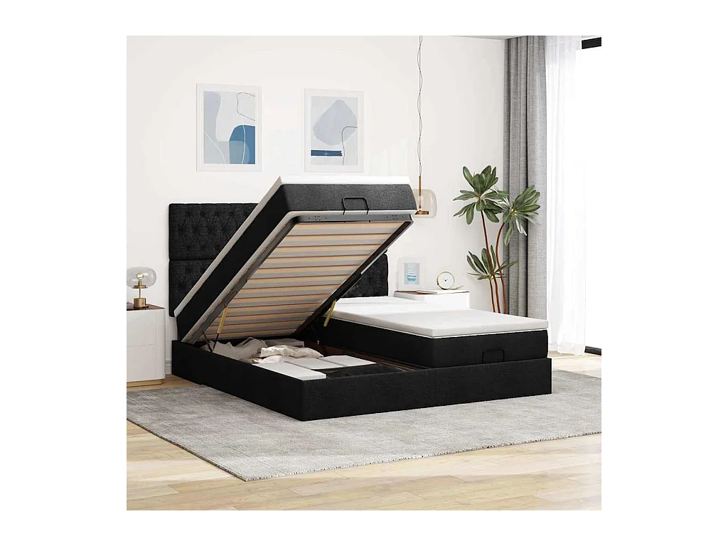 Cadre de lit ottoman avec matelas noir 200x200cm tissu