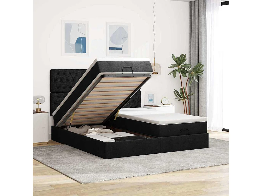 Estructura de cama otomana con colchones tela negra 200x200cm