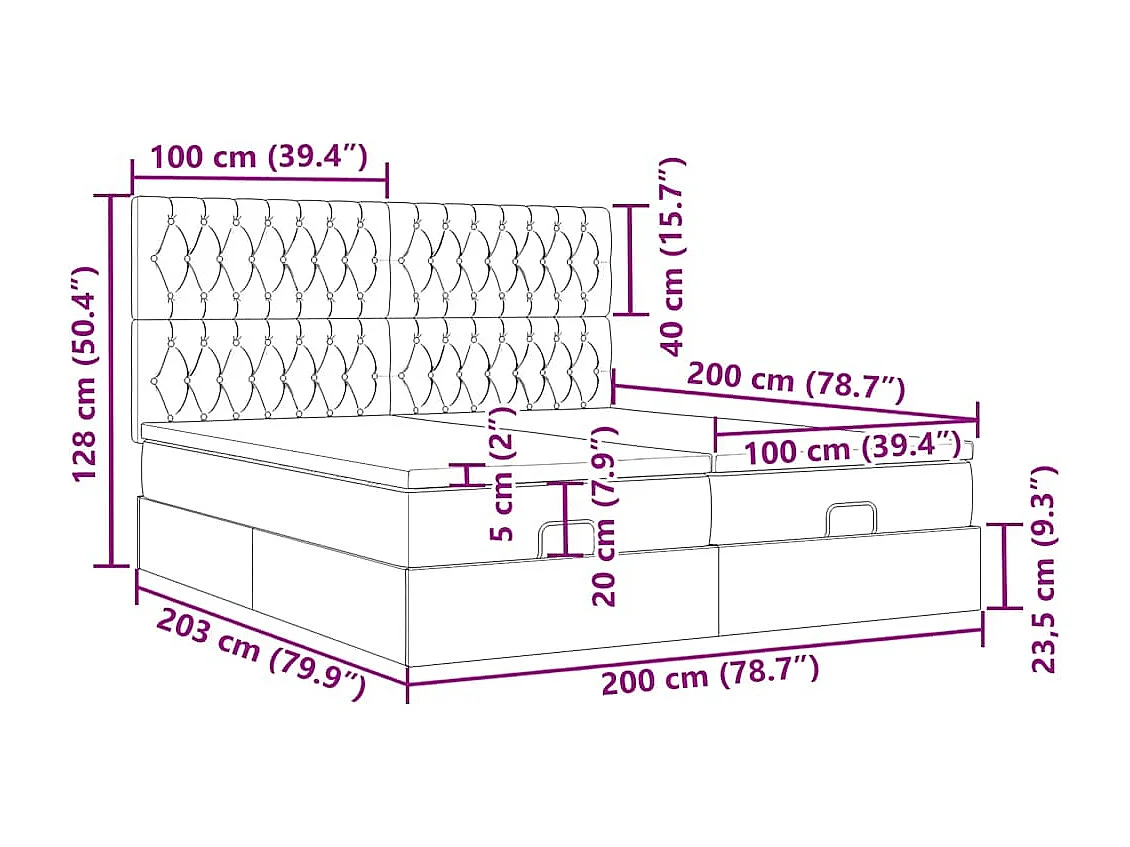 Estructura de cama otomana con colchones tela negra 200x200cm