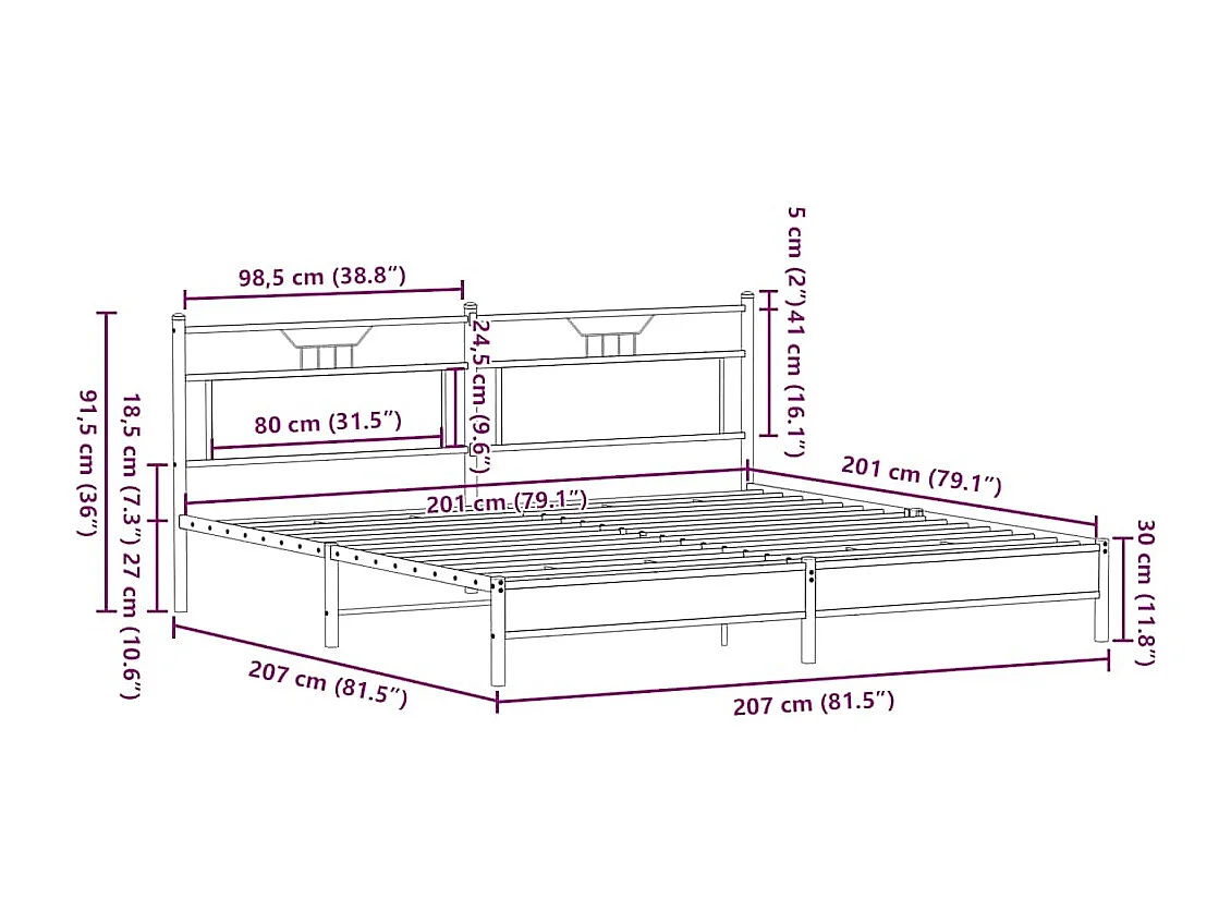 Estrutura de cama sem colchão 200x200cm metal carvalho sonoma