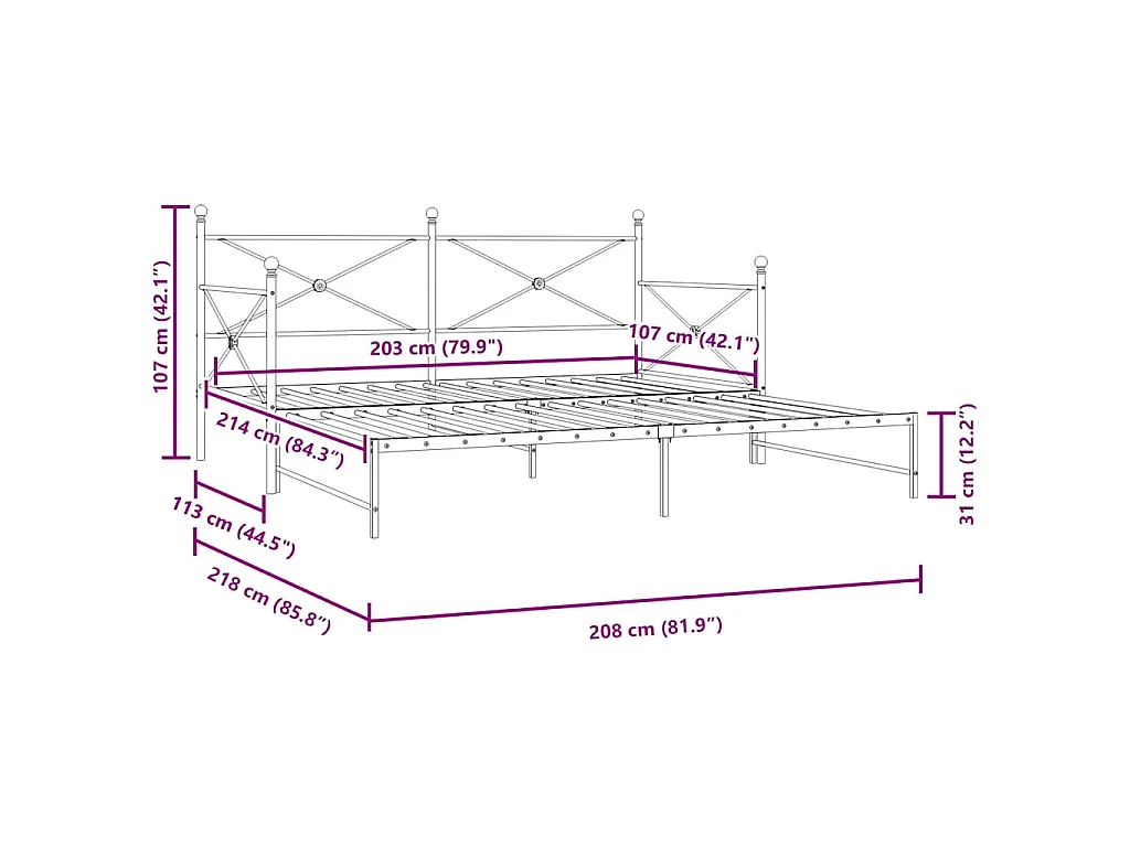 Lit de jour avec lit gigogne sans matelas blanc 107x203cm acier