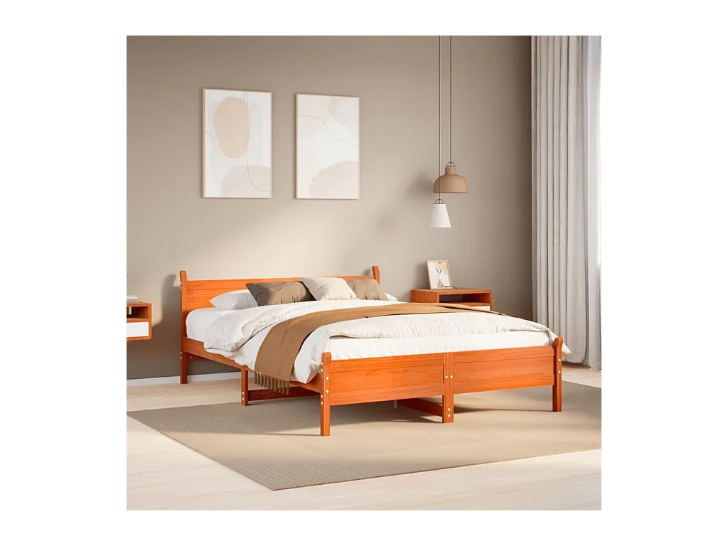 Cama sin colchón madera maciza pino marrón cera 150x200 cm
