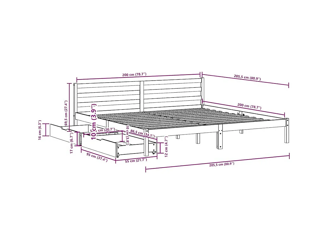 Cadre de lit sans matelas blanc 200x200 cm bois massif de pin