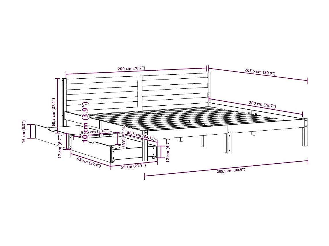Bedframe zonder matras massief grenenhout wit 200x200 cm