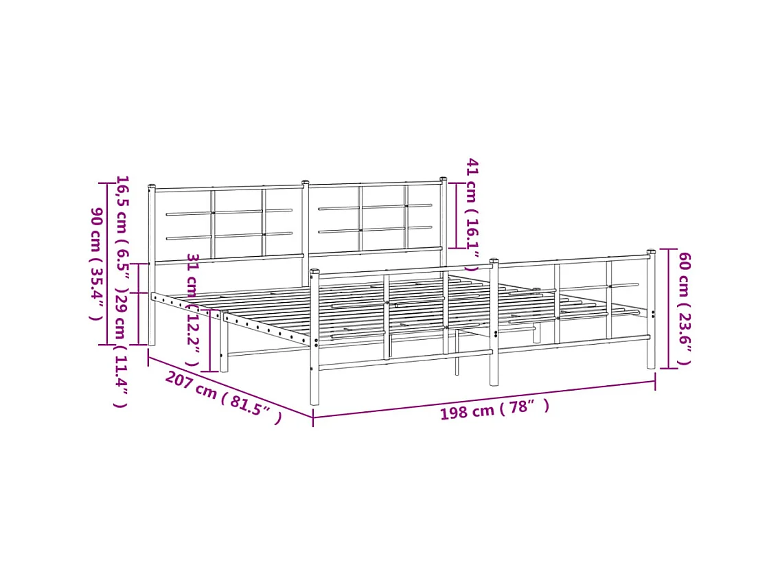 Cadre de lit métal sans matelas avec pied de lit noir 193x203cm