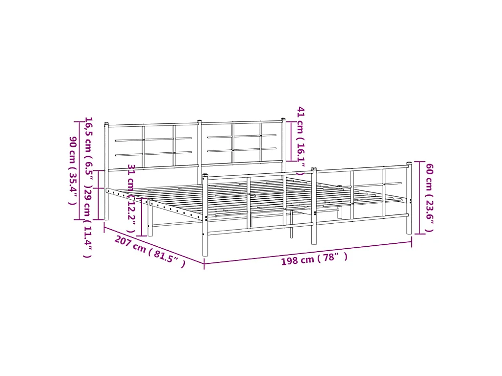 Bedframe met hoofd- en voeteneinde metaal zwart 193x203 cm