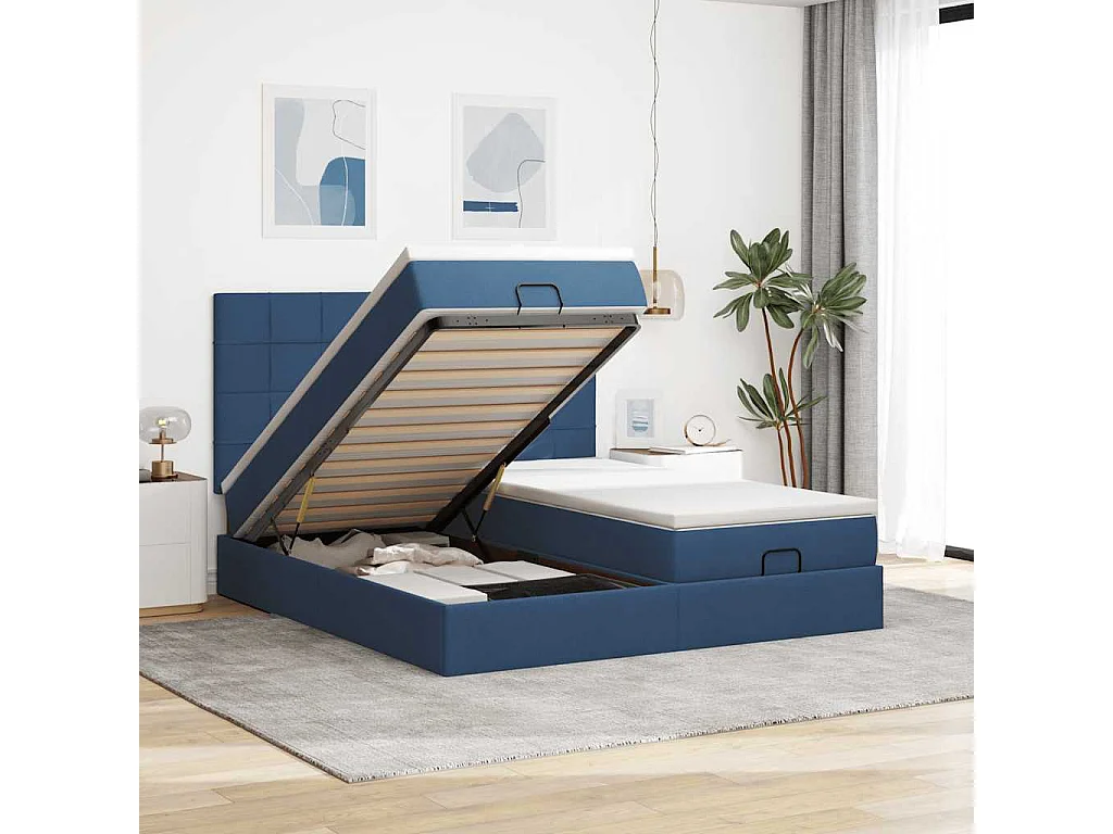 Cadre de lit ottoman avec matelas bleu 200x200cm tissu