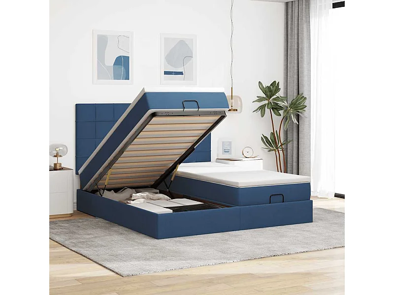 Cadre de lit ottoman avec matelas bleu 200x200cm tissu