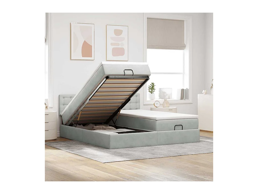 Cadre de lit ottoman avec matelas gris clair 200x200 cm velours