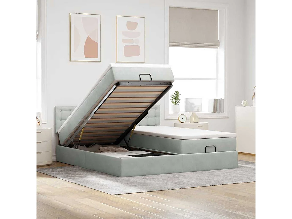Cadre de lit ottoman avec matelas gris clair 200x200 cm velours