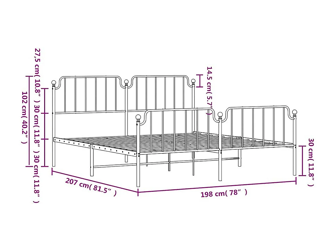 Cadre de lit métal sans matelas et pied de lit blanc 193x203 cm