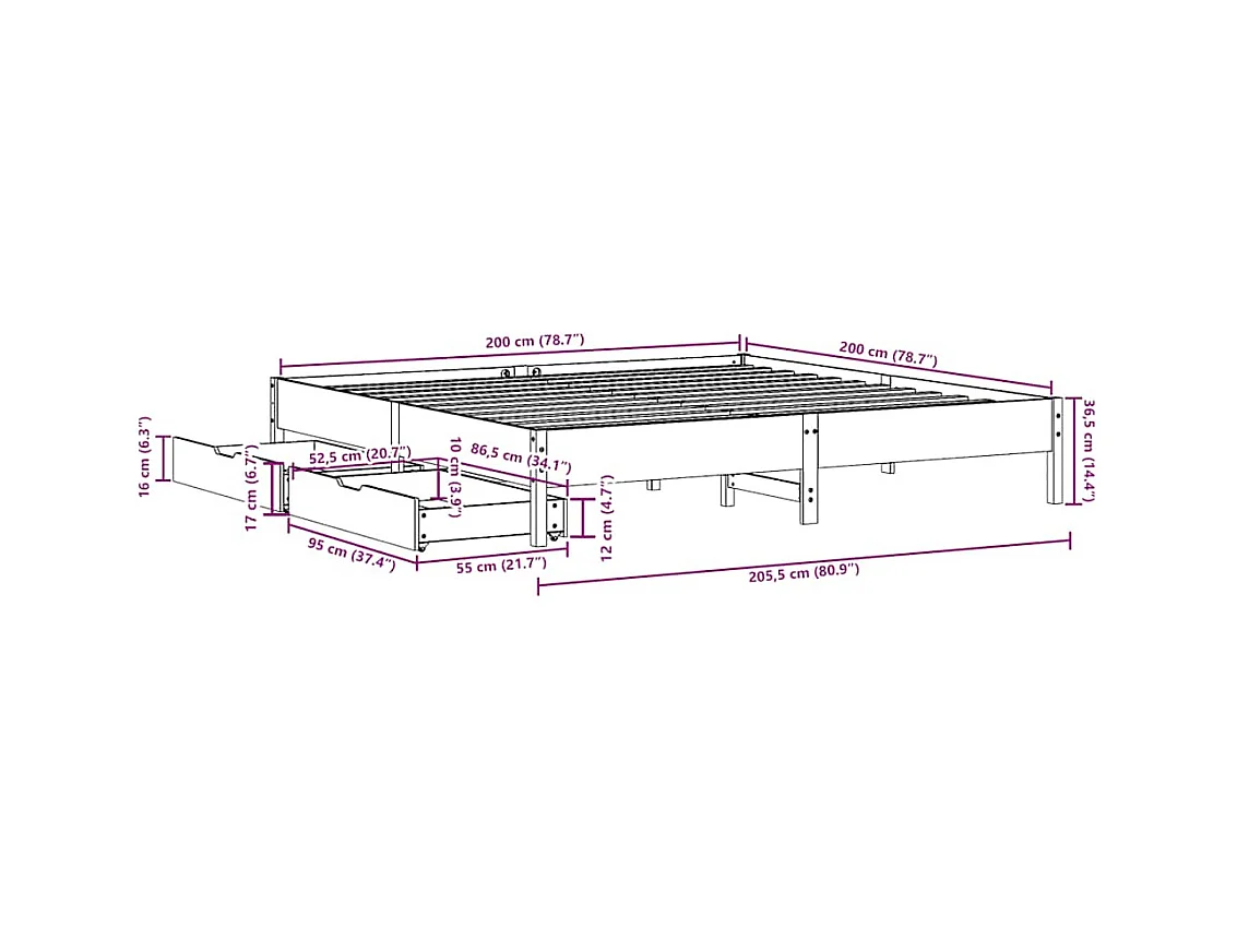 Cadre de lit sans matelas blanc 200x200 cm bois massif de pin