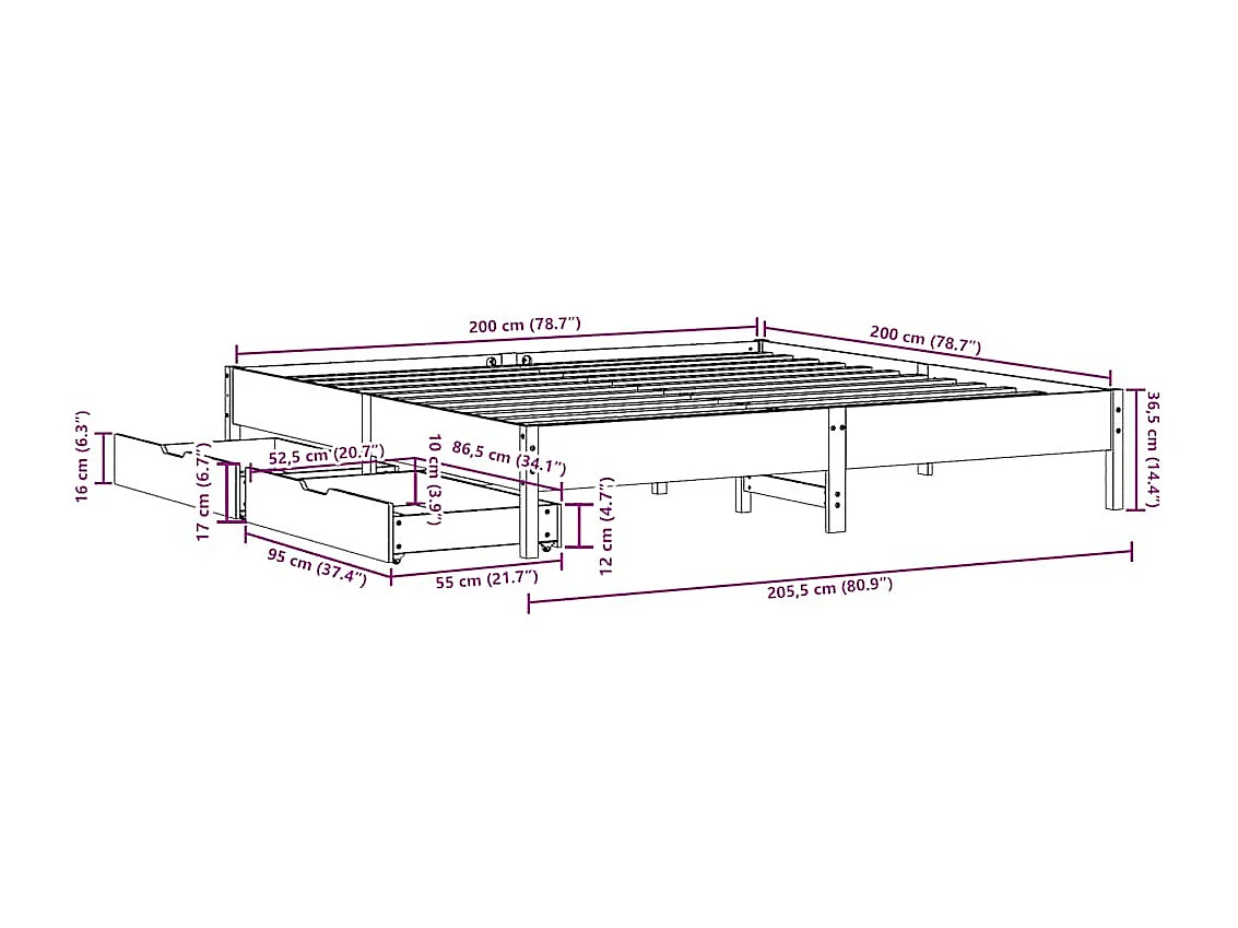 Cadre de lit sans matelas blanc 200x200 cm bois massif de pin