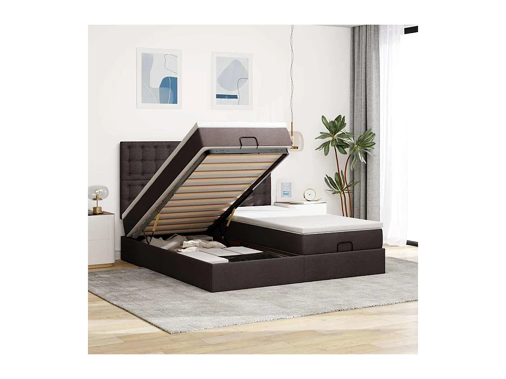 Cadre de lit ottoman avec matelas marron foncé 200x200 cm tissu