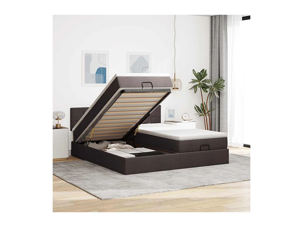 Cadre de lit ottoman avec matelas marron foncé 200x200 cm tissu