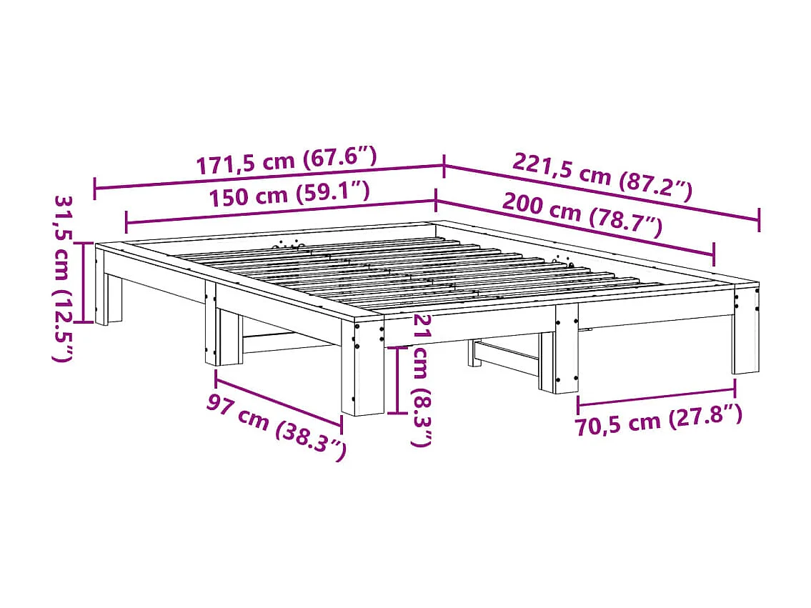Bedframe zonder matras massief grenenhout 150x200 cm