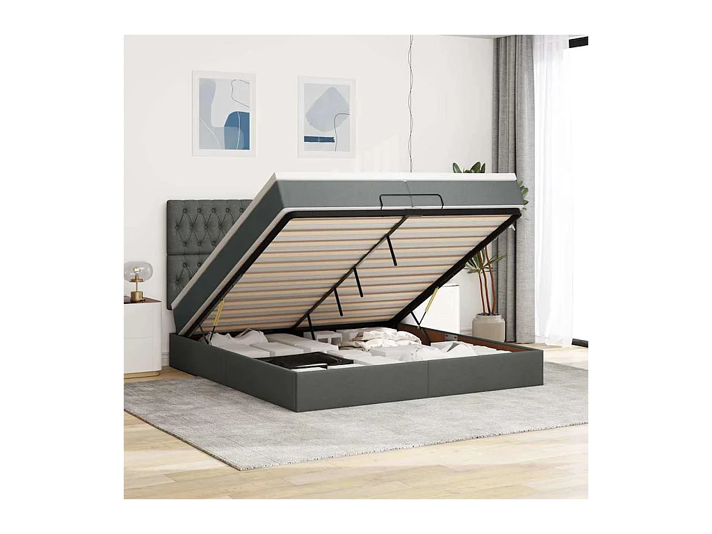 Cadre de lit ottoman avec matelas gris foncé 200x200cm tissu