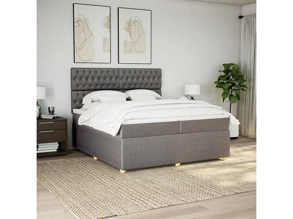 Cama box spring con colchón tela gris taupe 200x200 cm