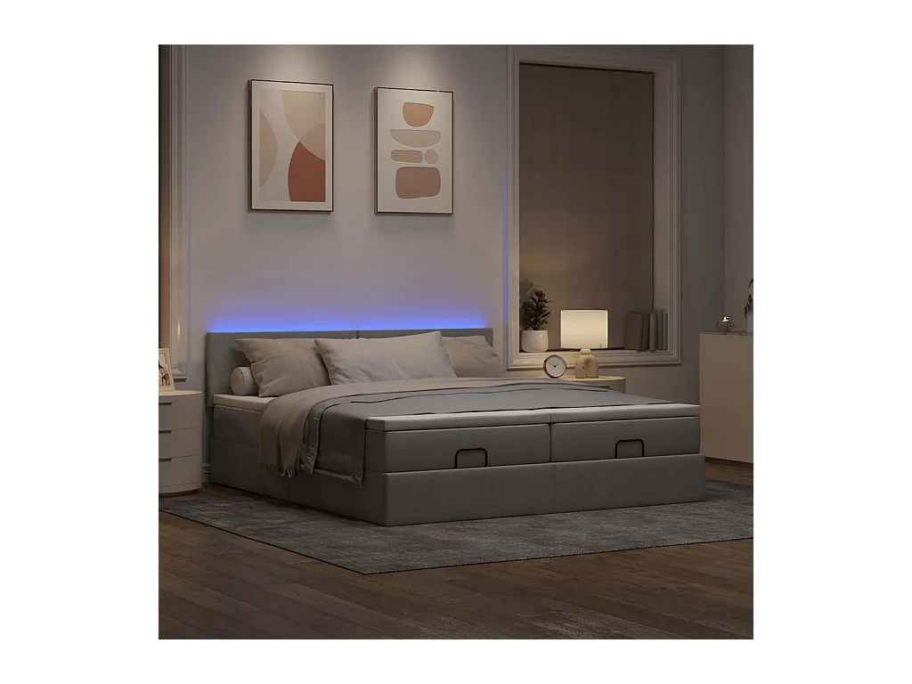 Ottoman-Bett mit Matratzen & LEDs Hellgrau 200x200 cm Stoff