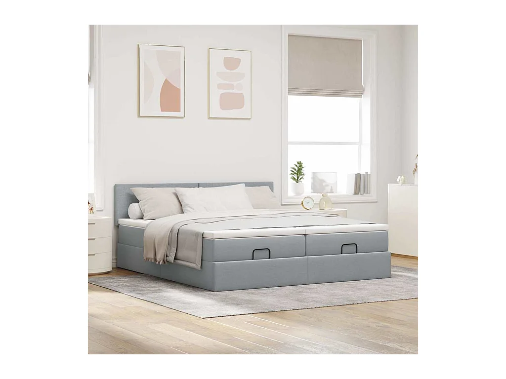 Ottoman-Bett mit Matratzen & LEDs Hellgrau 200x200 cm Stoff