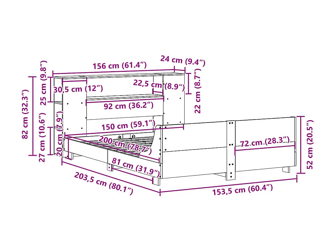 Bedframe zonder matras massief grenenhout wit 150x200 cm