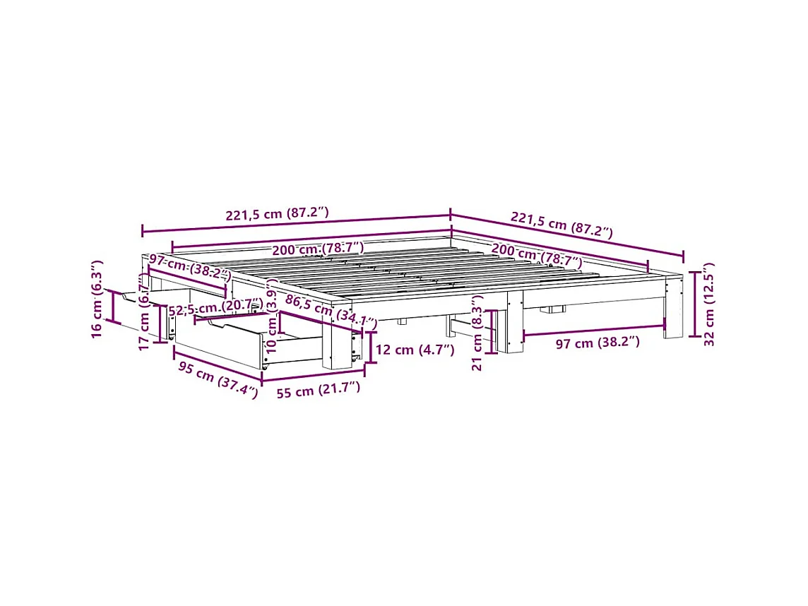 Bedframe zonder matras massief grenenhout 200x200 cm