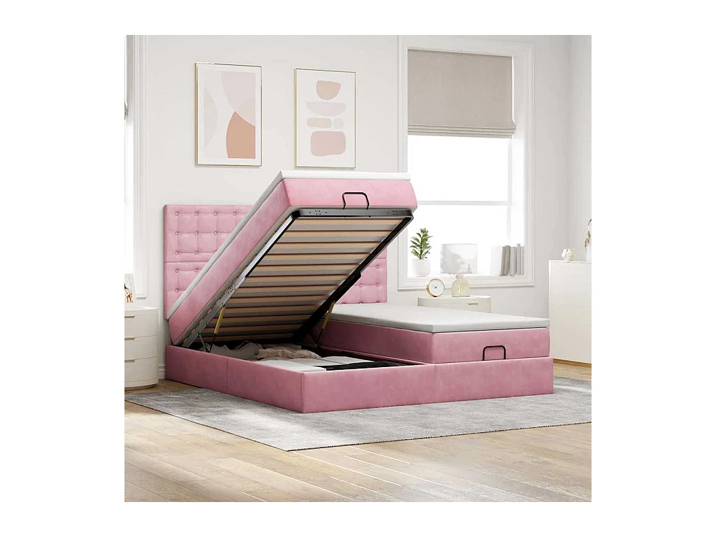Cadre de lit ottoman avec matelas rose 200x200 cm velours