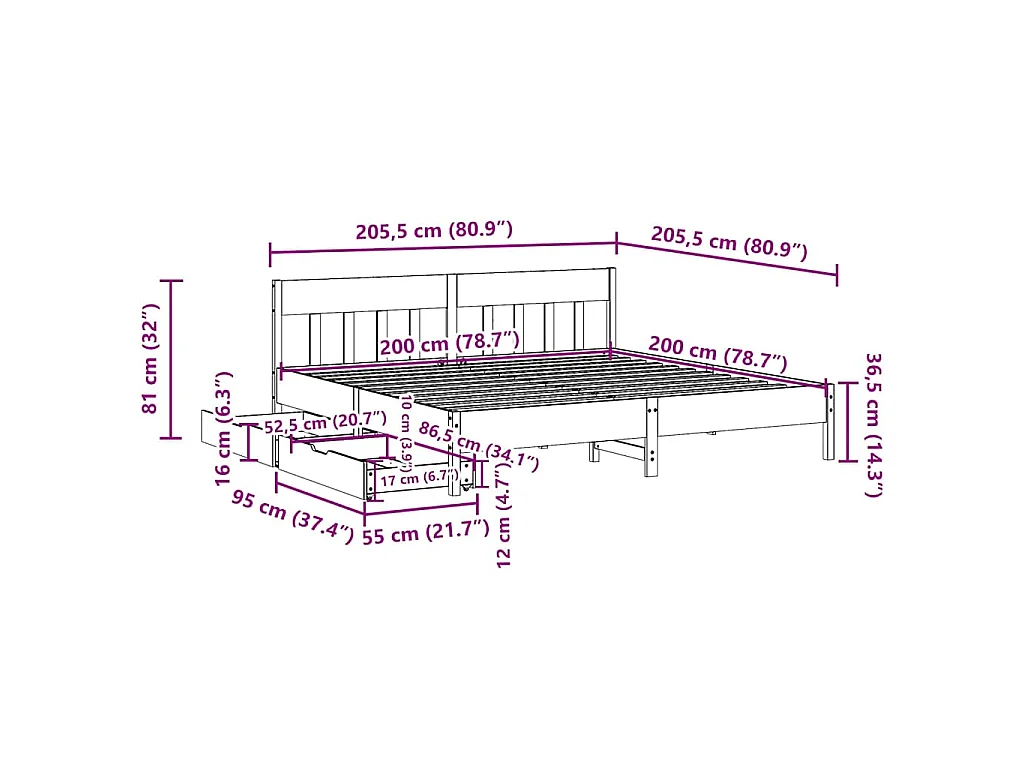 Massivholzbett ohne Matratze Wachsbraun 200x200 Kiefernholz