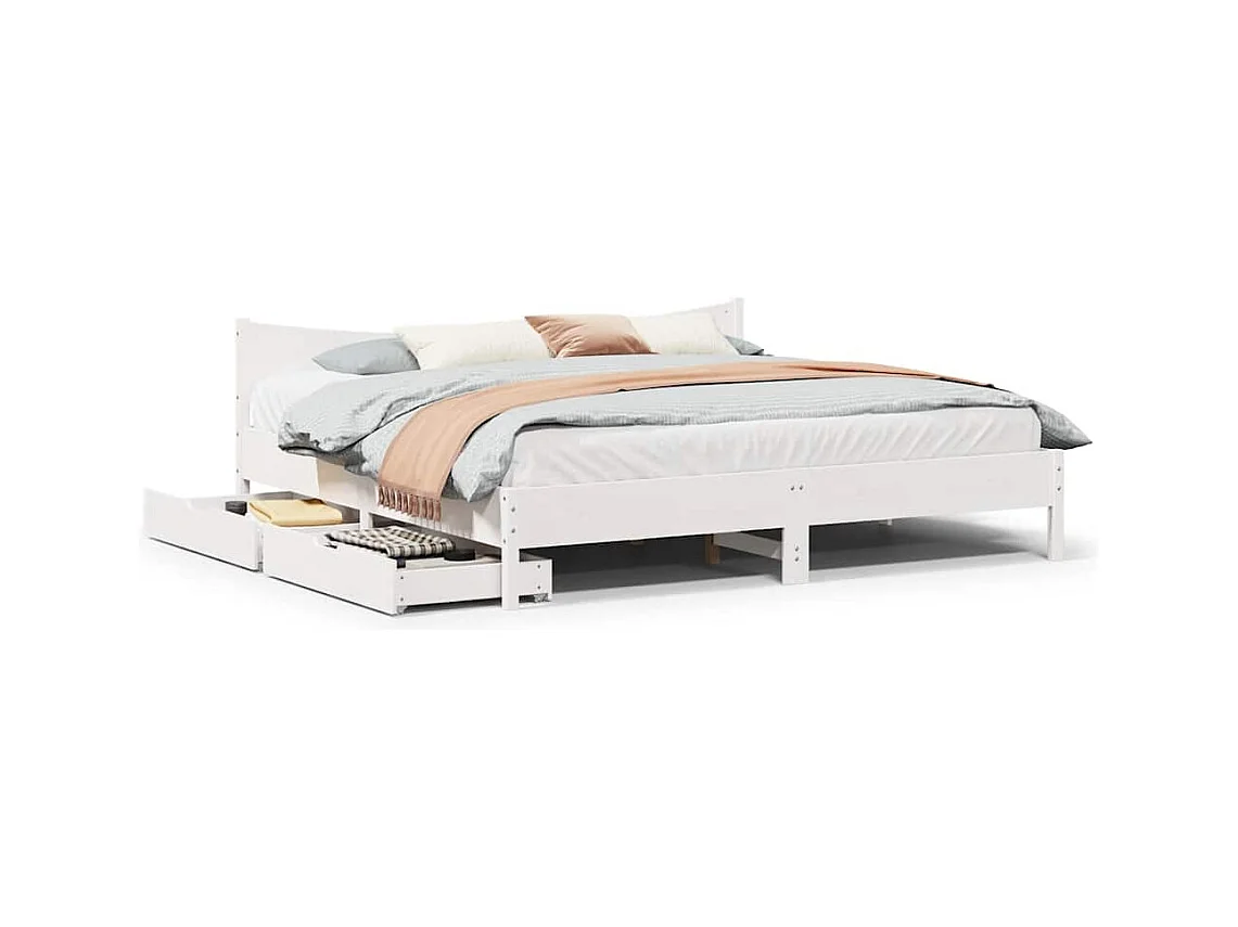 Cadre de lit avec tiroirs blanc 200x200 cm bois massif de pin