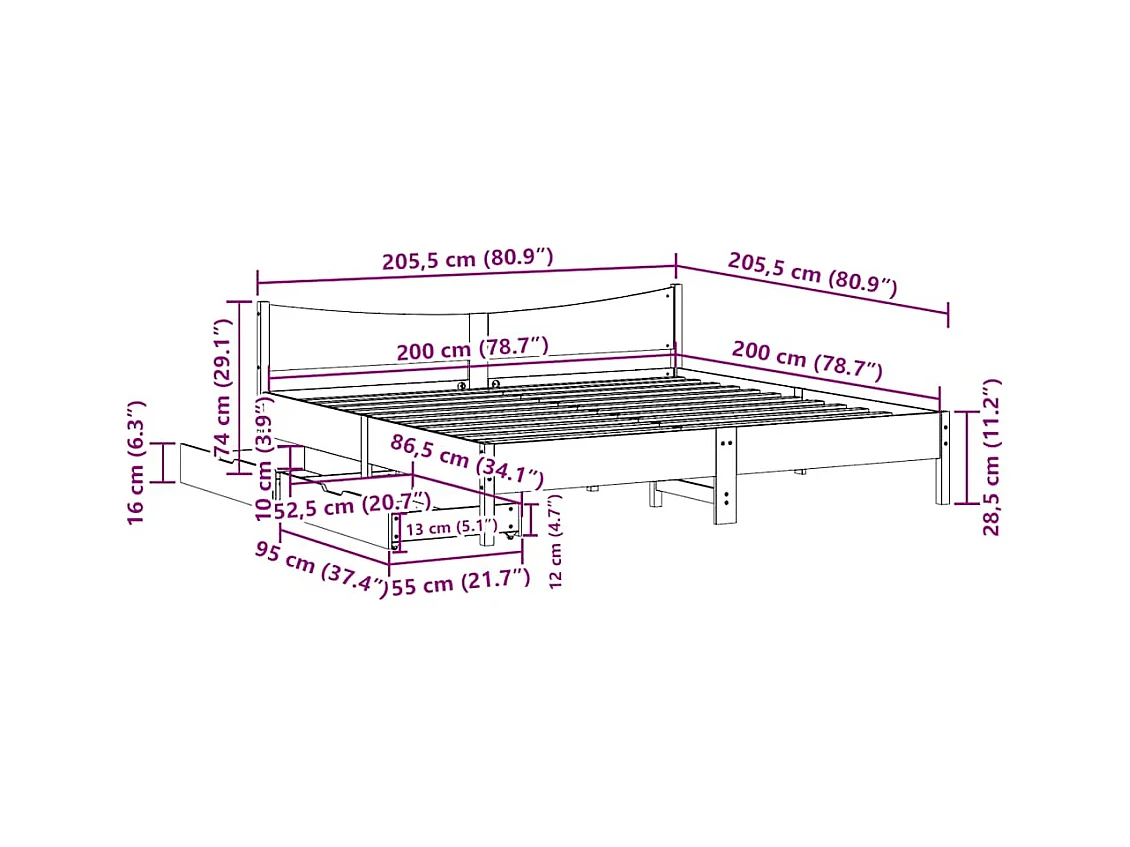 Cadre de lit avec tiroirs blanc 200x200 cm bois massif de pin