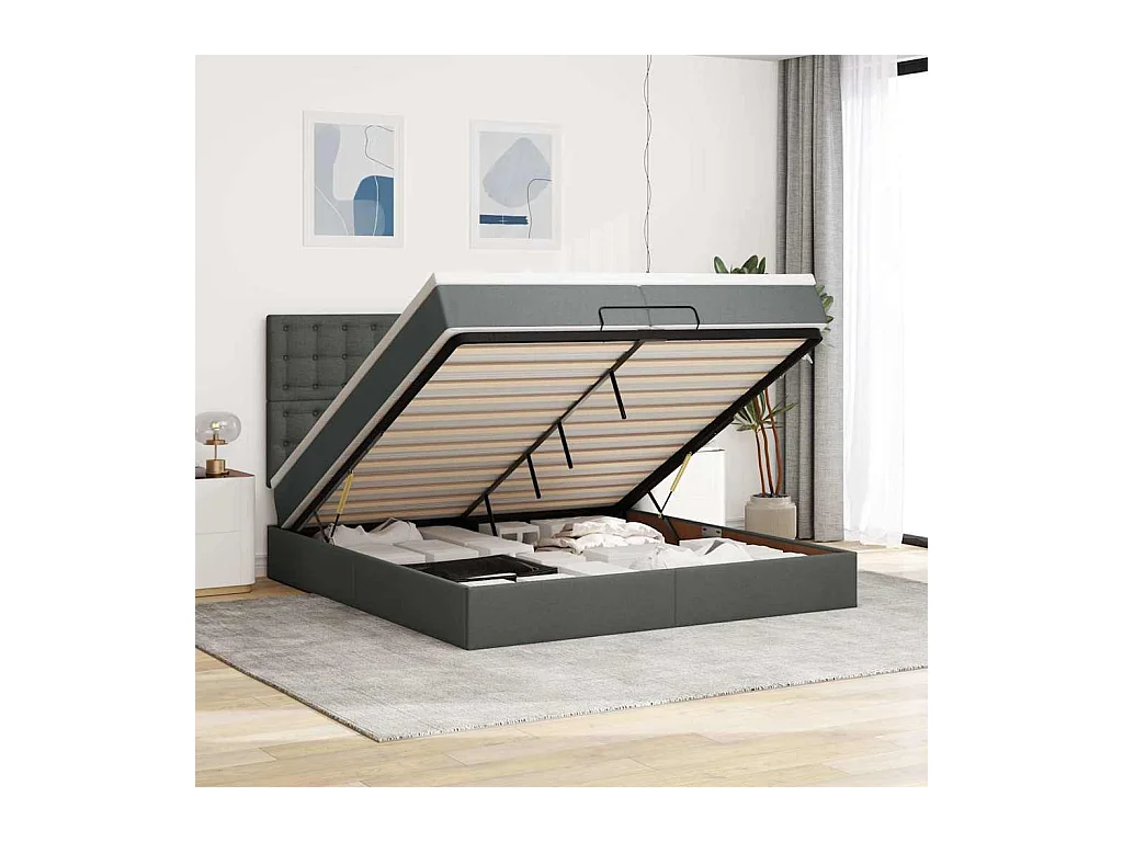 Cadre de lit ottoman avec matelas gris foncé 200x200cm tissu