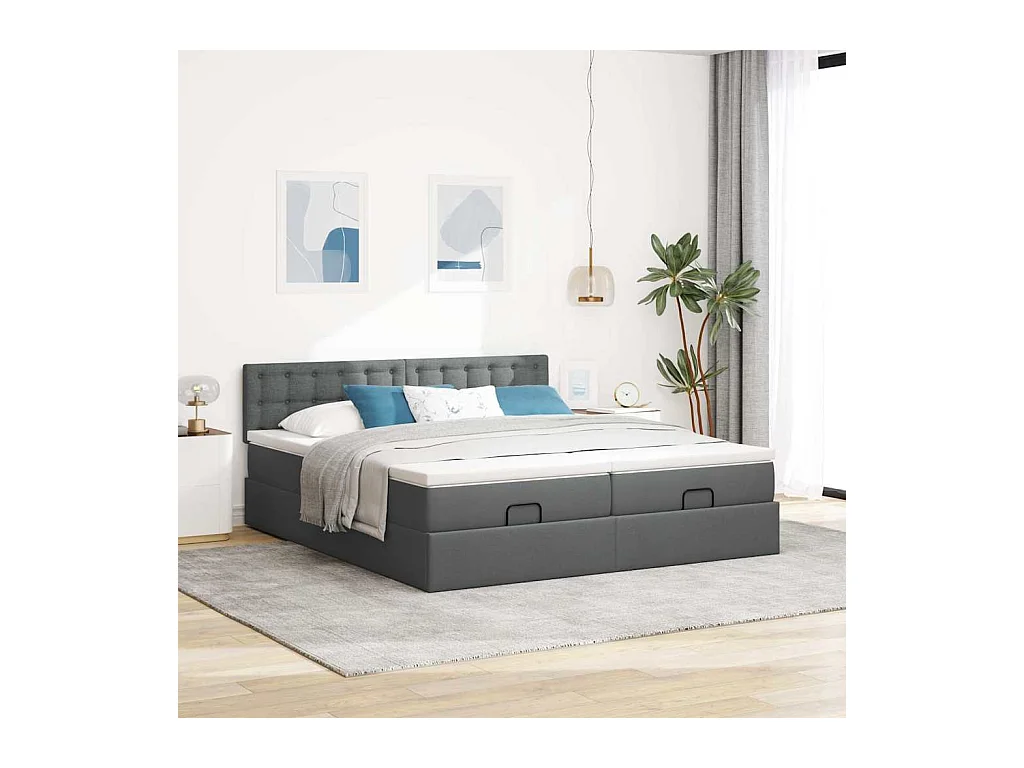 Ottoman-Bett mit Matratzen & LEDs Dunkelgrau 200x200 cm Stoff