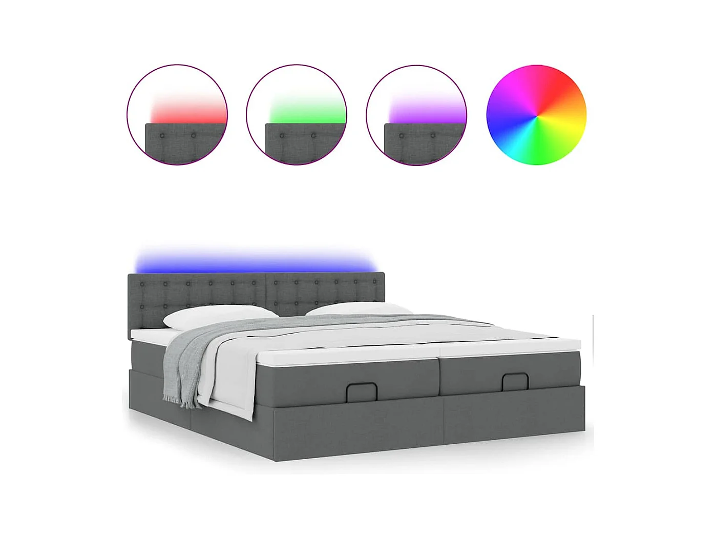 Ottoman-Bett mit Matratzen & LEDs Dunkelgrau 200x200 cm Stoff