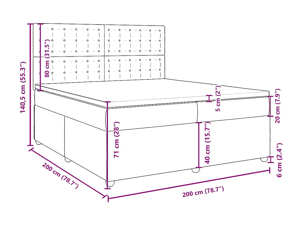 Cama box spring con colchón tela azul 200x200 cm