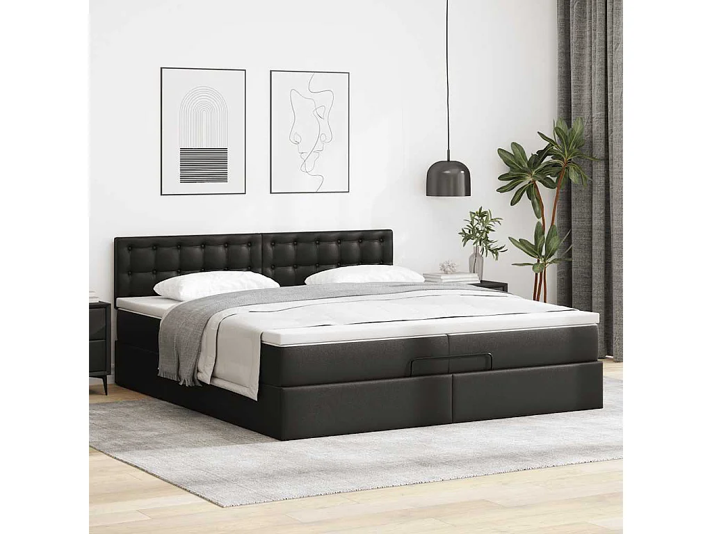 Estrutura de cama otomana com colchões couro artificial preto