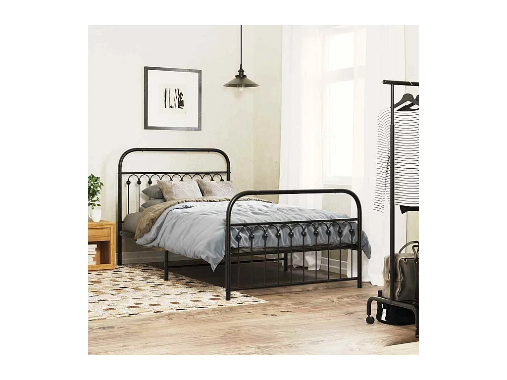 Cadre de lit métal sans matelas avec pied de lit noir 107x203cm