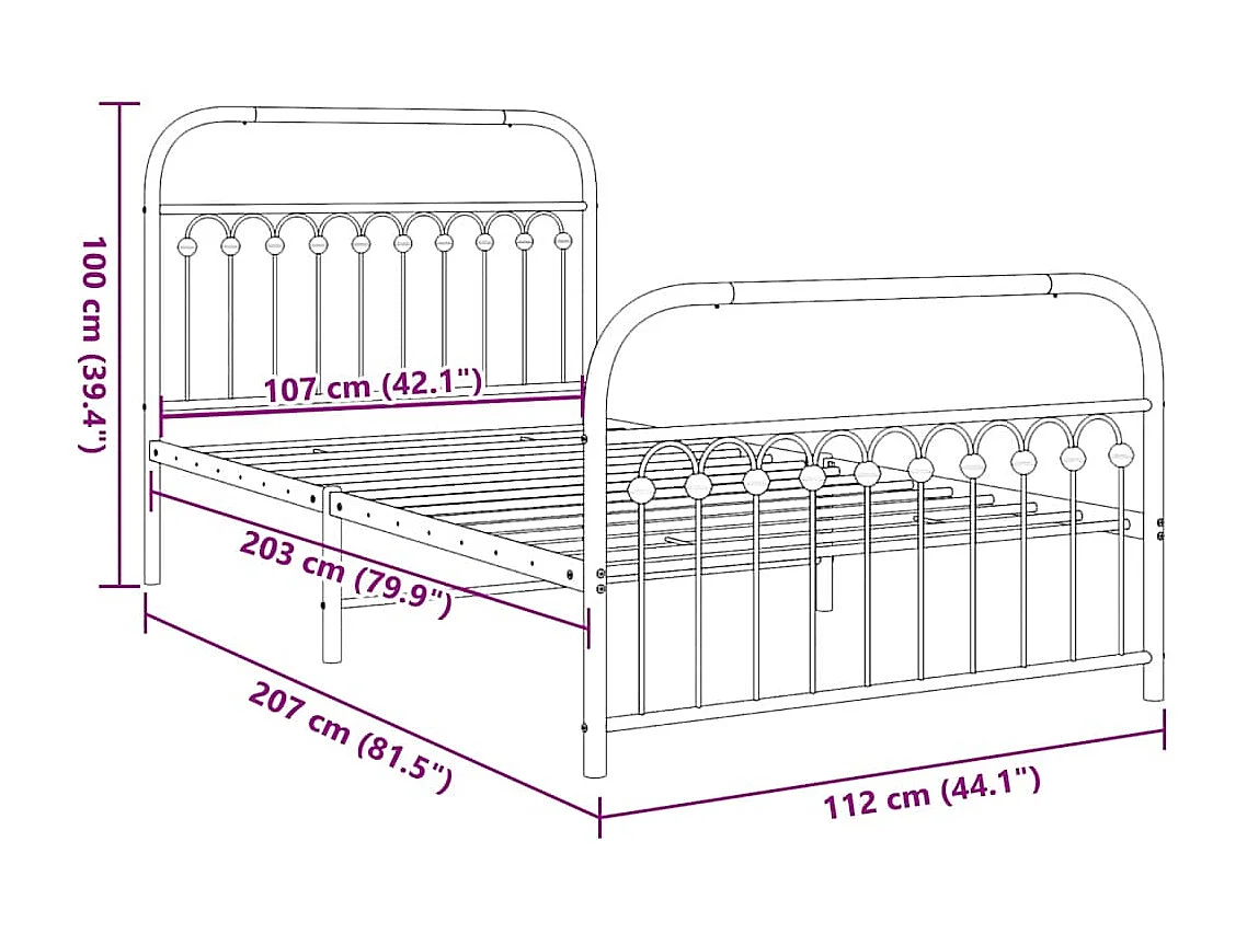 Cadre de lit métal sans matelas avec pied de lit noir 107x203cm