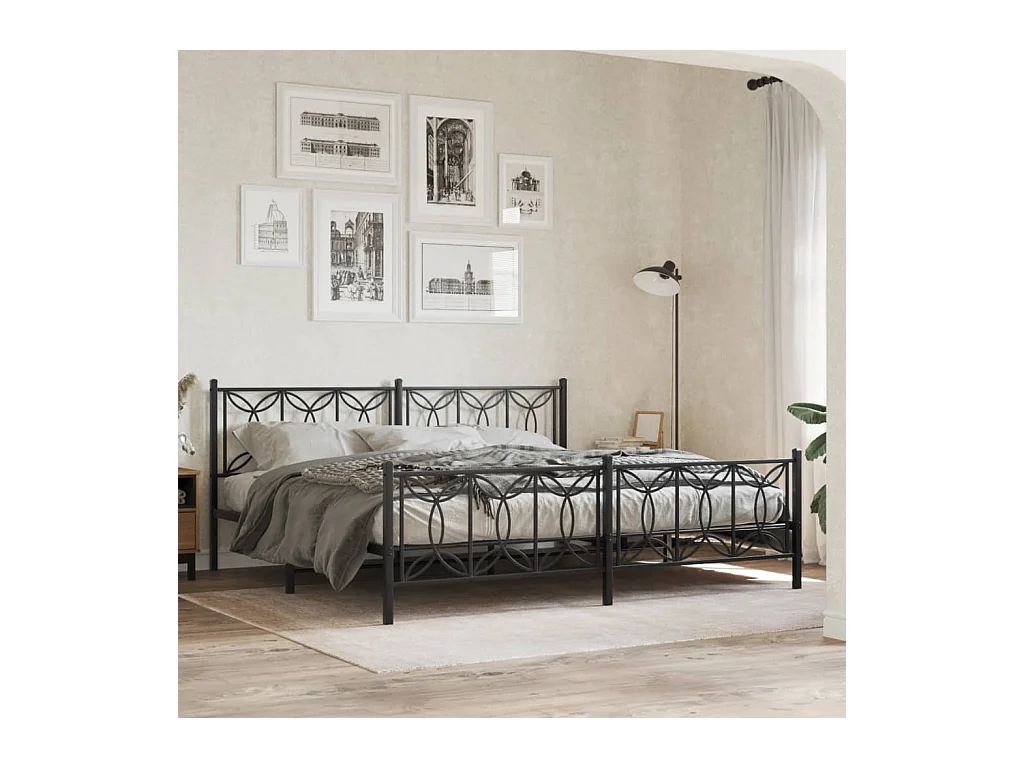 Cadre de lit métal sans matelas avec pied de lit noir 193x203cm