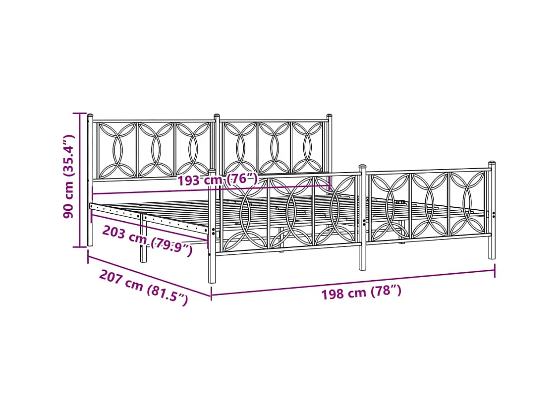Cadre de lit métal sans matelas avec pied de lit noir 193x203cm
