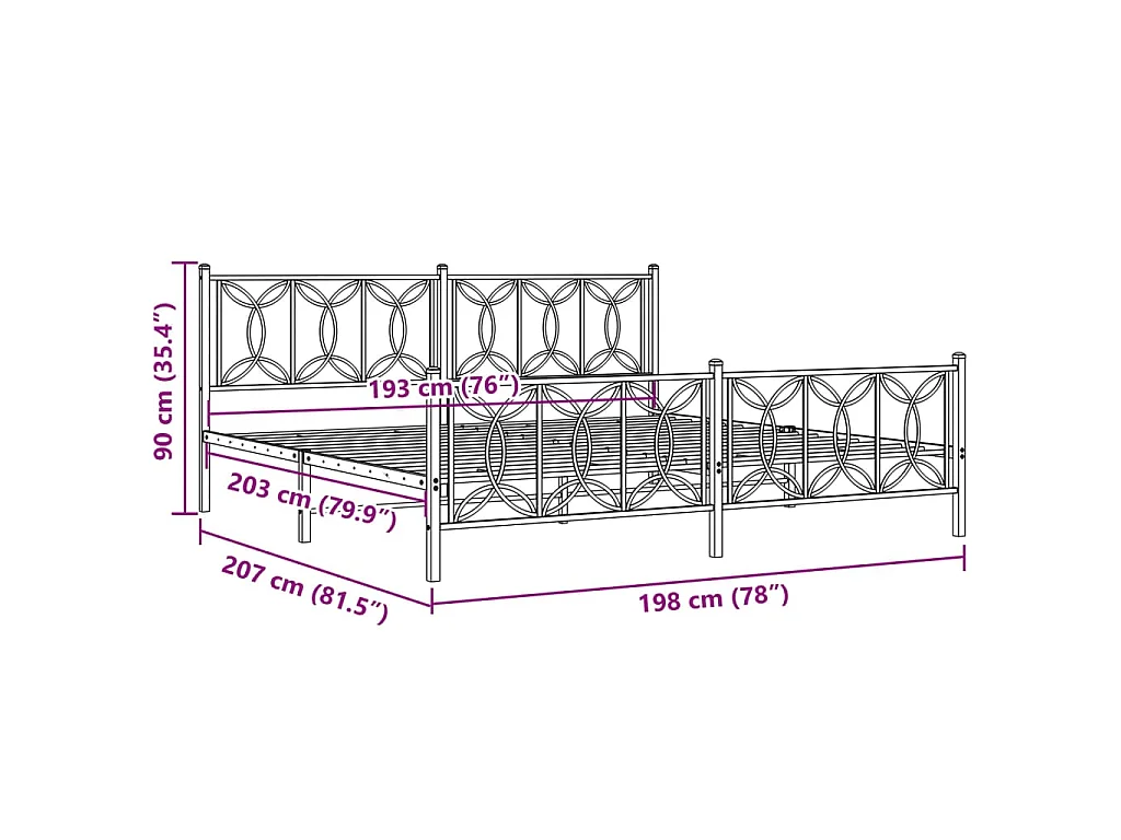Bedframe met hoofd- en voeteneinde metaal zwart 193x203 cm